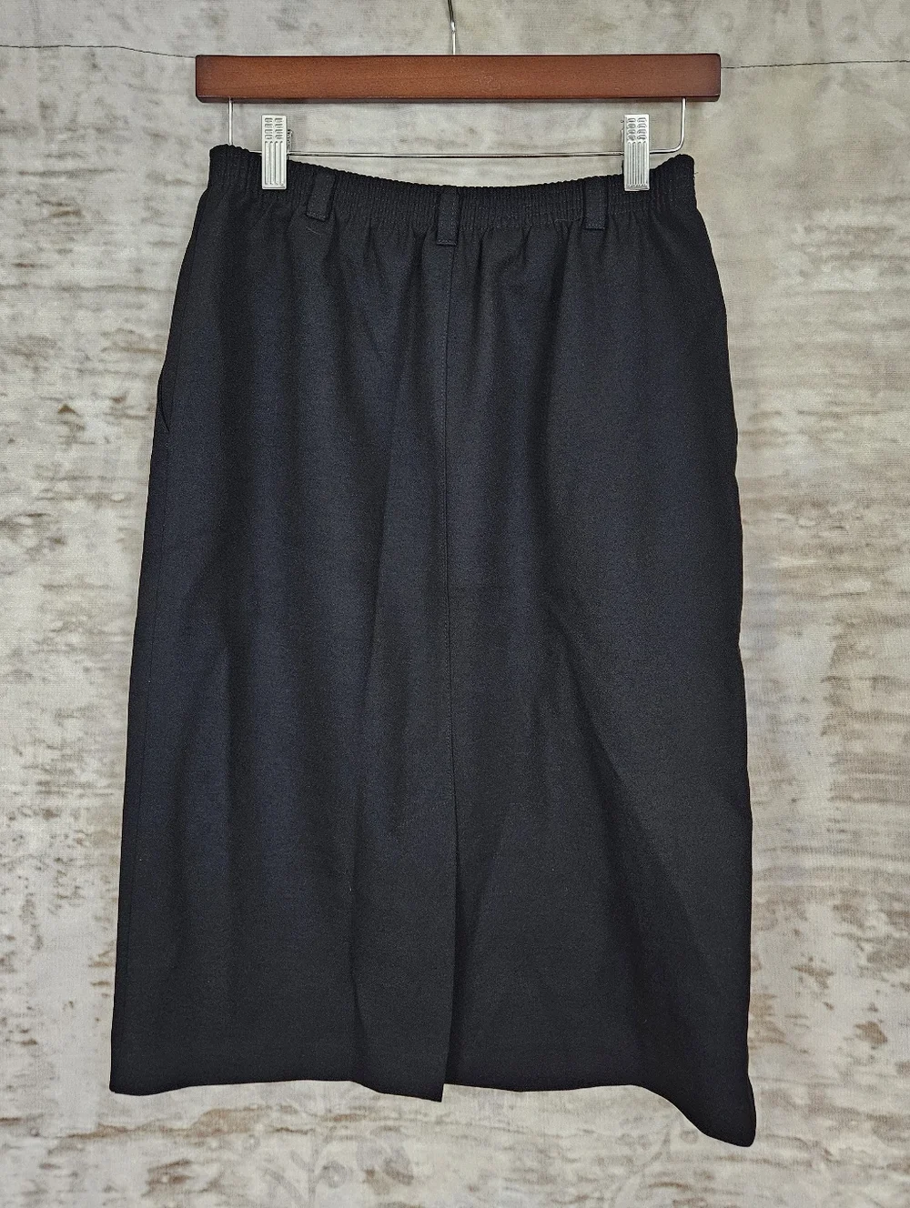 Vintage Black Pencil Skirt S M 90s Office Secretary Elastic Waist Pockets 9-5